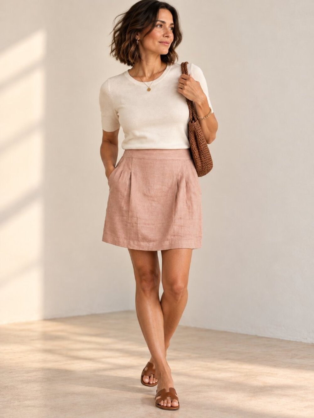 NOA NOA Dusty Pink Linen Knee Length Skirt Pockets Scandinavian Chic Minimalist